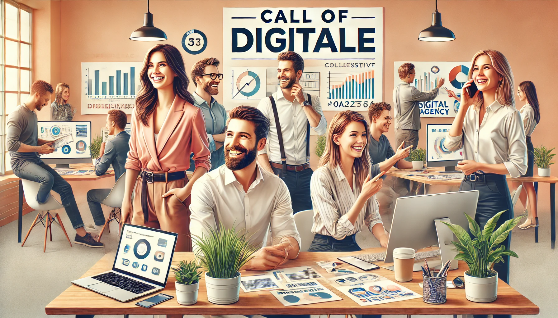 Realistic illustration of a collaborative and happy digital agency environment, featuring team members and clients working together in a modern office setting, with the 'Call of Digitale' branding subtly incorporated.