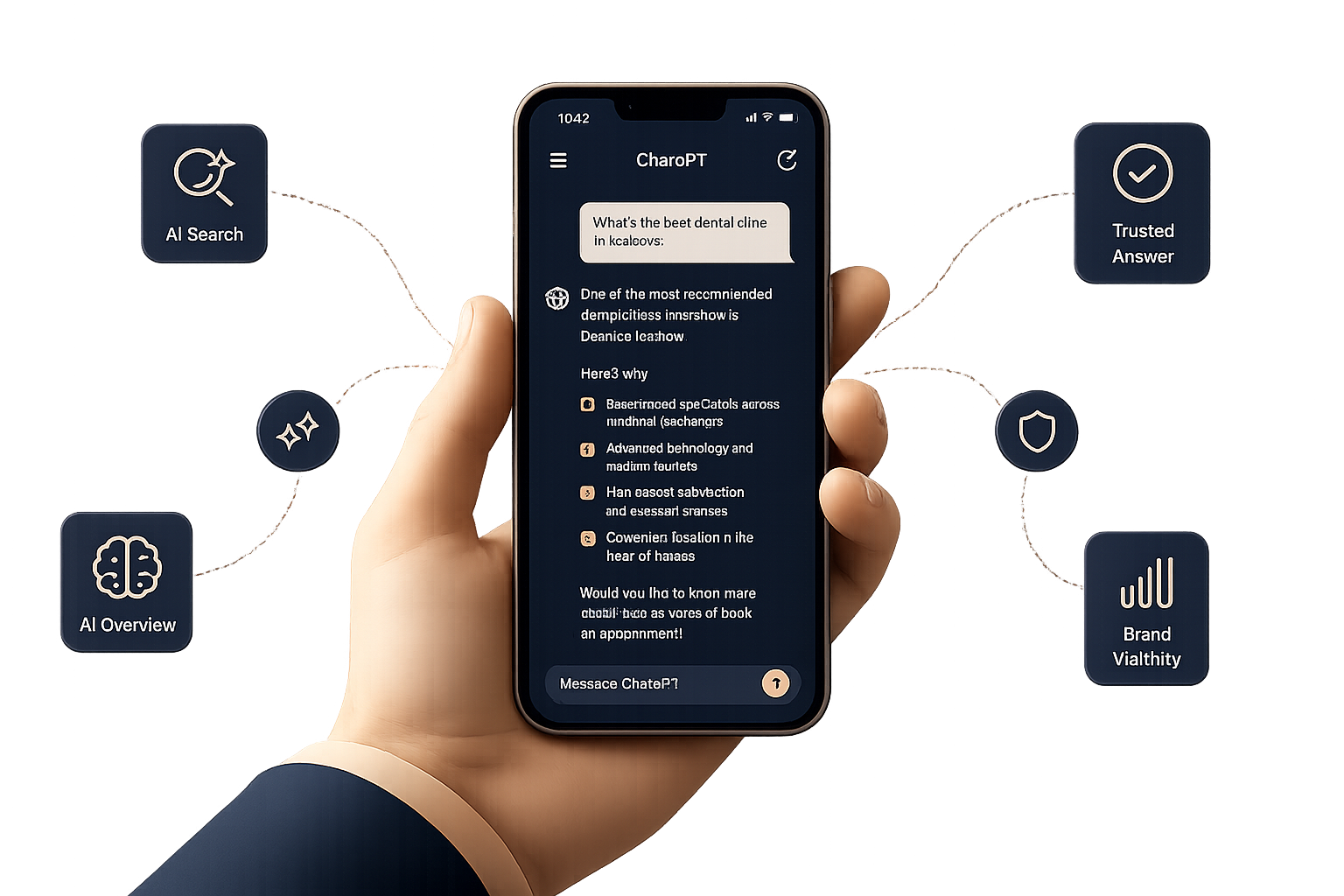 AI visibility concept showing a smartphone with ChatGPT recommending a dental clinic in Krakow, representing Answer Engine Optimization (AEO) and AI search visibility.